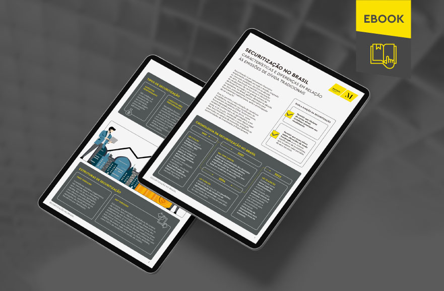 Mockup ilustrativo de dois tablets, um acima do outro, com imagens do conteúdo interno do e-book. No canto superior direito, faixa descritiva nas cores amarelo e cinza, com o nome "e-book" escrito
