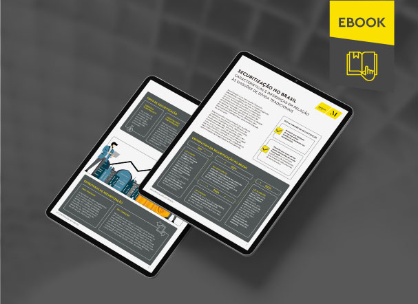 Mockup ilustrativo de dois tablets, um acima do outro, com imagens do conteúdo interno do e-book. No canto superior direito, faixa descritiva nas cores amarelo e cinza, com o nome "e-book" escrito