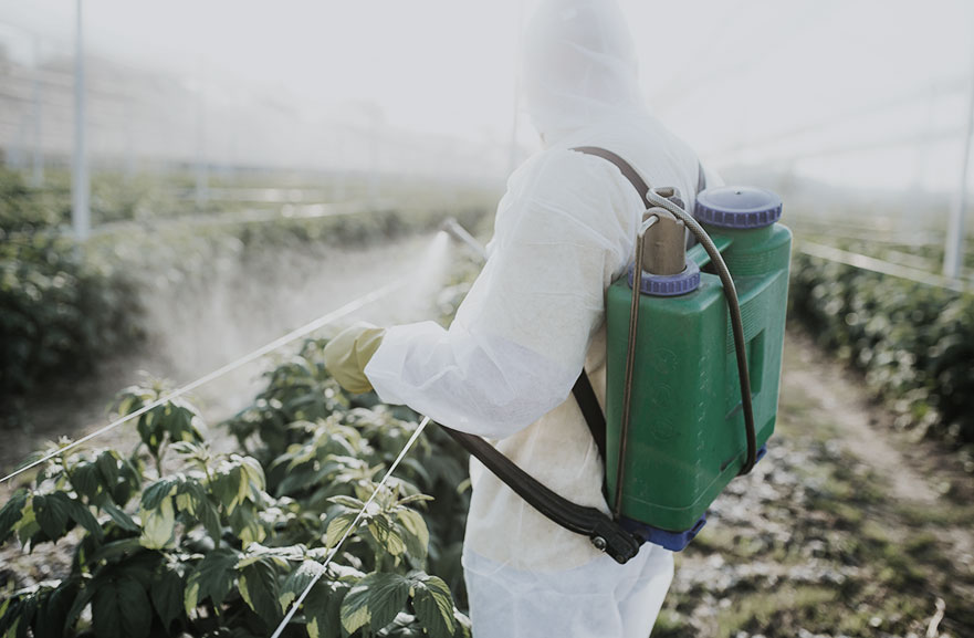 imagem de homem uniformizado com equipamento de pulverização em uma área de cultivação