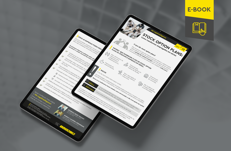 Mockup ilustrativo de dois tablets, um acima do outro, com imagens do conteúdo interno do e-book. No canto superior direito, faixa descritiva nas cores amarelo e cinza, com o nome "e-book" escrito