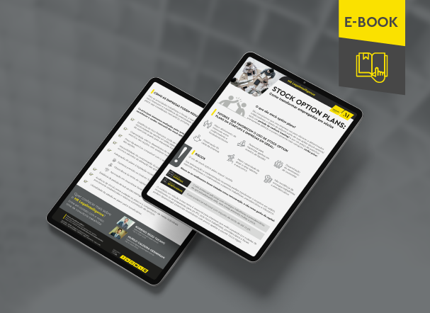 Mockup ilustrativo de dois tablets, um acima do outro, com imagens do conteúdo interno do e-book. No canto superior direito, faixa descritiva nas cores amarelo e cinza, com o nome "e-book" escrito