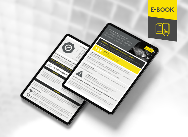 Mockup ilustrativo de dois tablets, um acima do outro, com imagens do conteúdo interno do e-book. No canto superior direito, faixa descritiva nas cores amarelo e cinza, com o nome "e-book" escrito